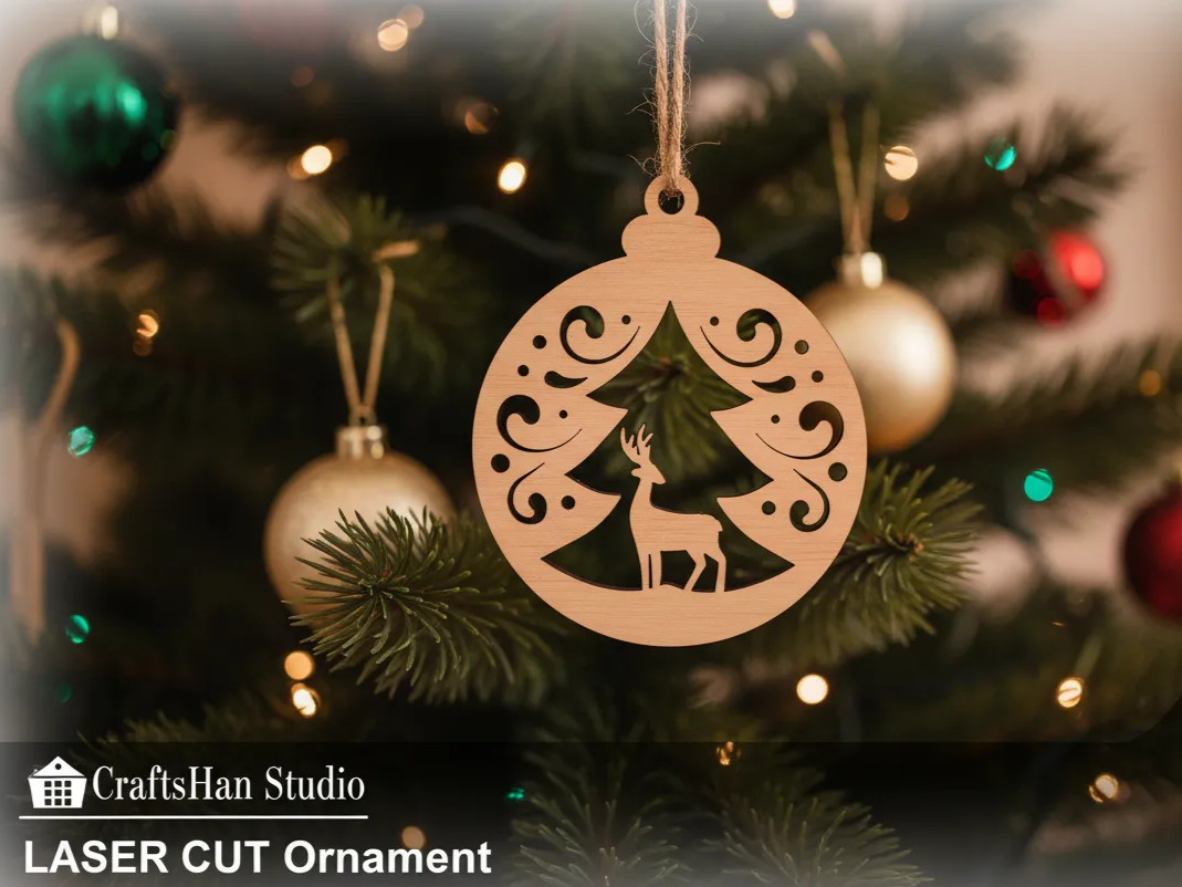 Laser cut wooden ornament with reindeer and tree design