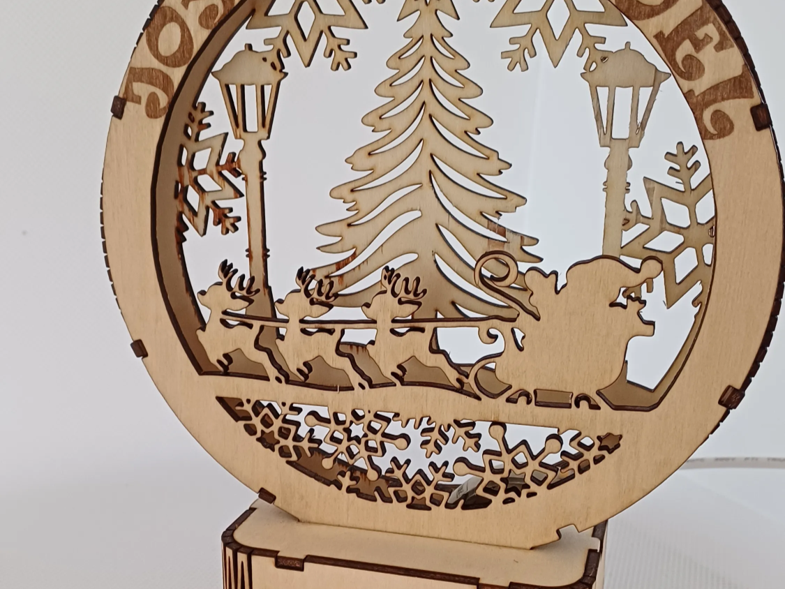 Wooden Christmas decoration with Santa sleigh and reindeer scene