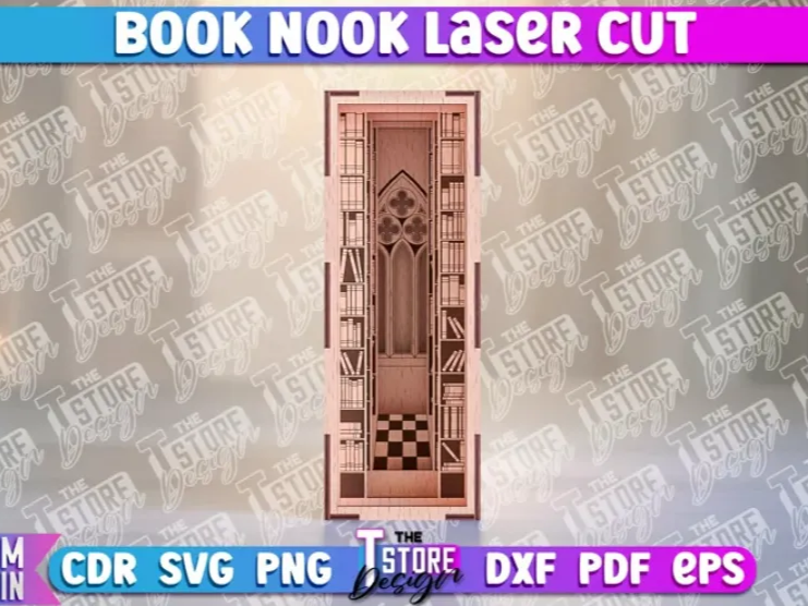Gothic window book nook 3D layered shelf insert diorama with ornate tracery
