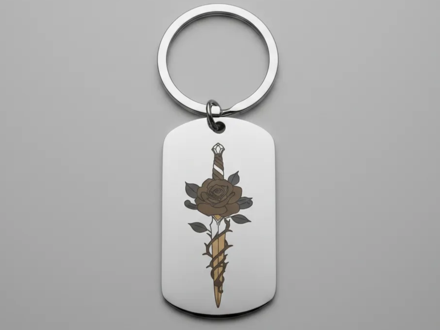 Rose and Dagger Illustration Dog Tag Keychain keychain design