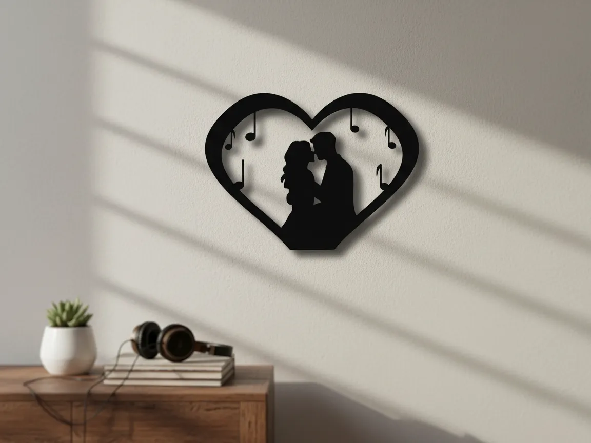 Arte da parete a cuore coppia e note musicali, idea di silhouette tagliata al laser