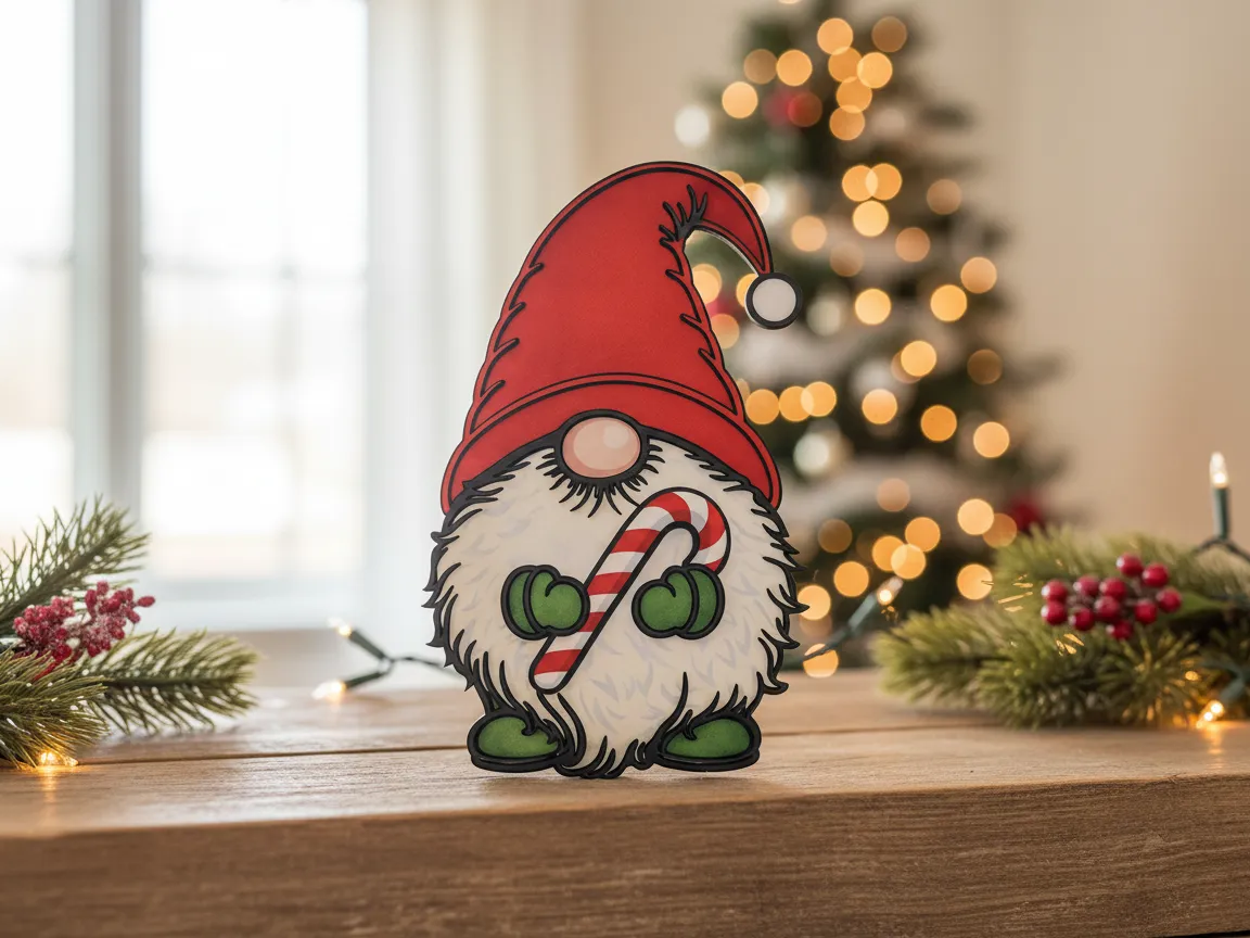 Lasergeschnittene Weihnachtsgnom-Deko mit Zuckerstange Weihnachts-Geschenkkorb-Idee