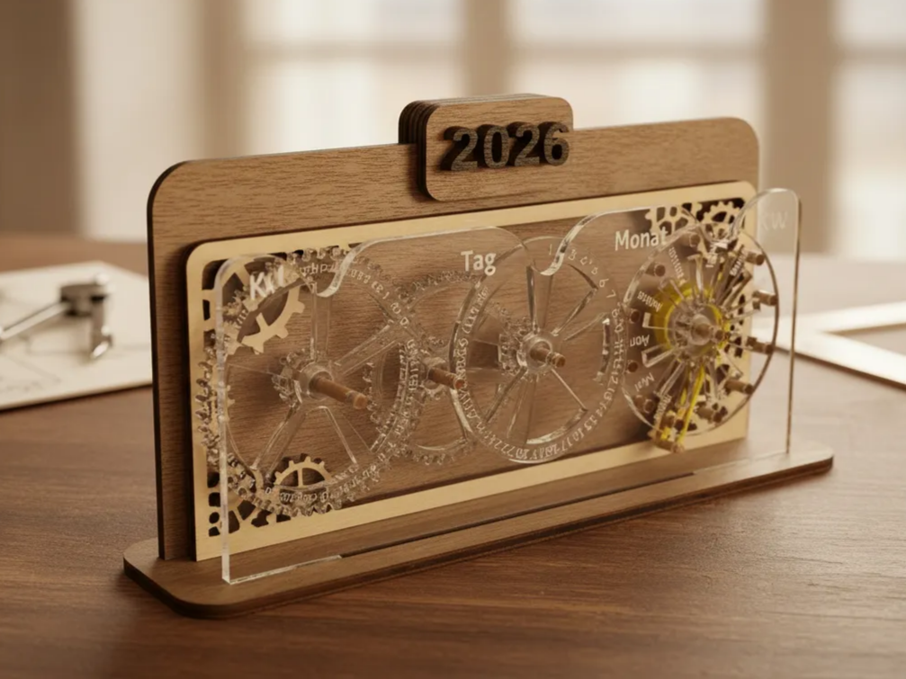 Laser Cut Wooden Perpetual Calendar 2026 with Acrylic Gears