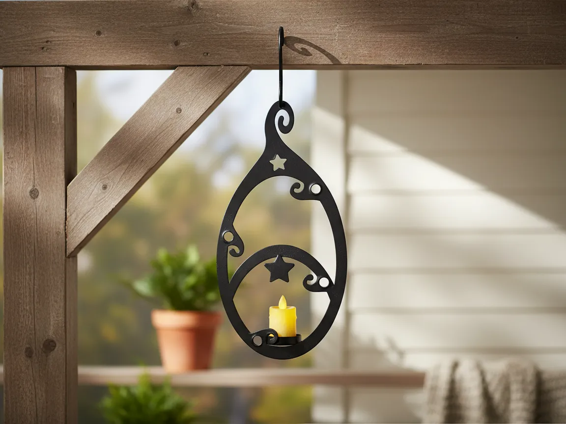 Slim black teardrop hanging candle holder with star cutouts on a porch beam outdoor light idea
