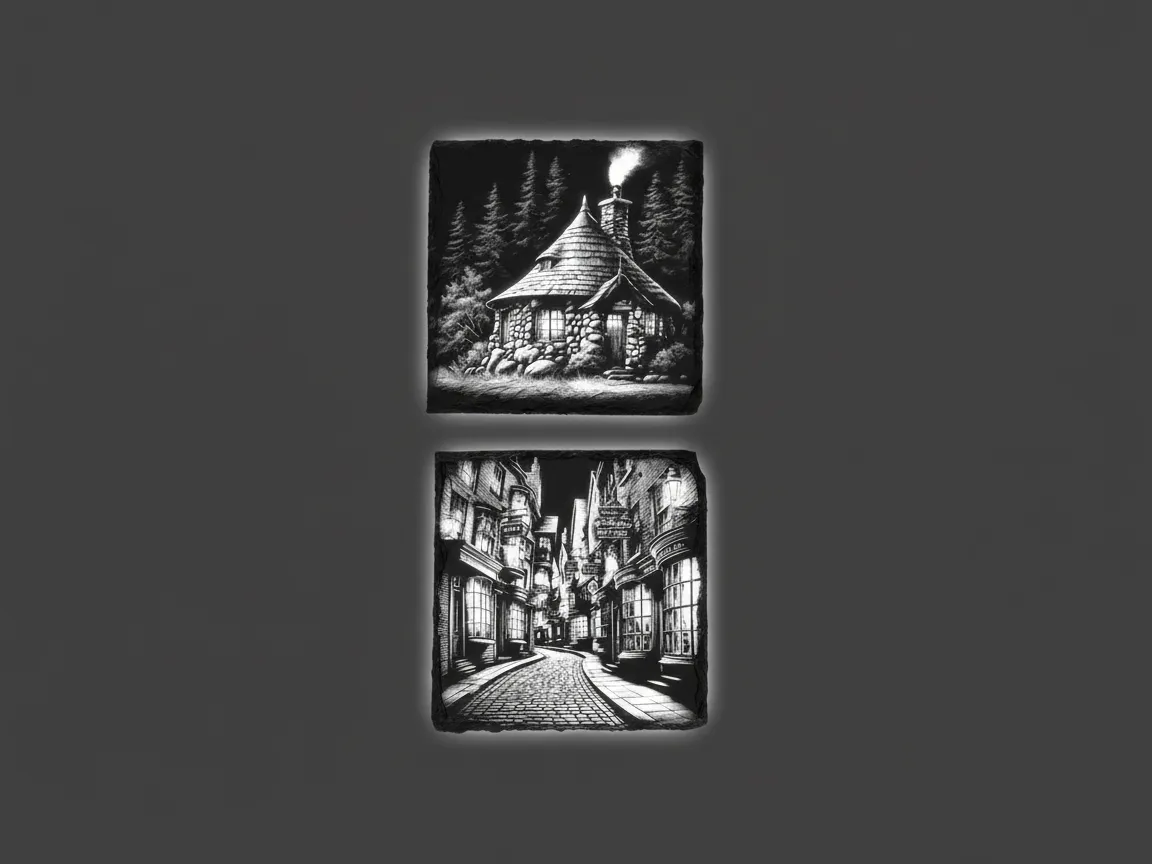 Coasters with laser engraved black and white scenic artwork
