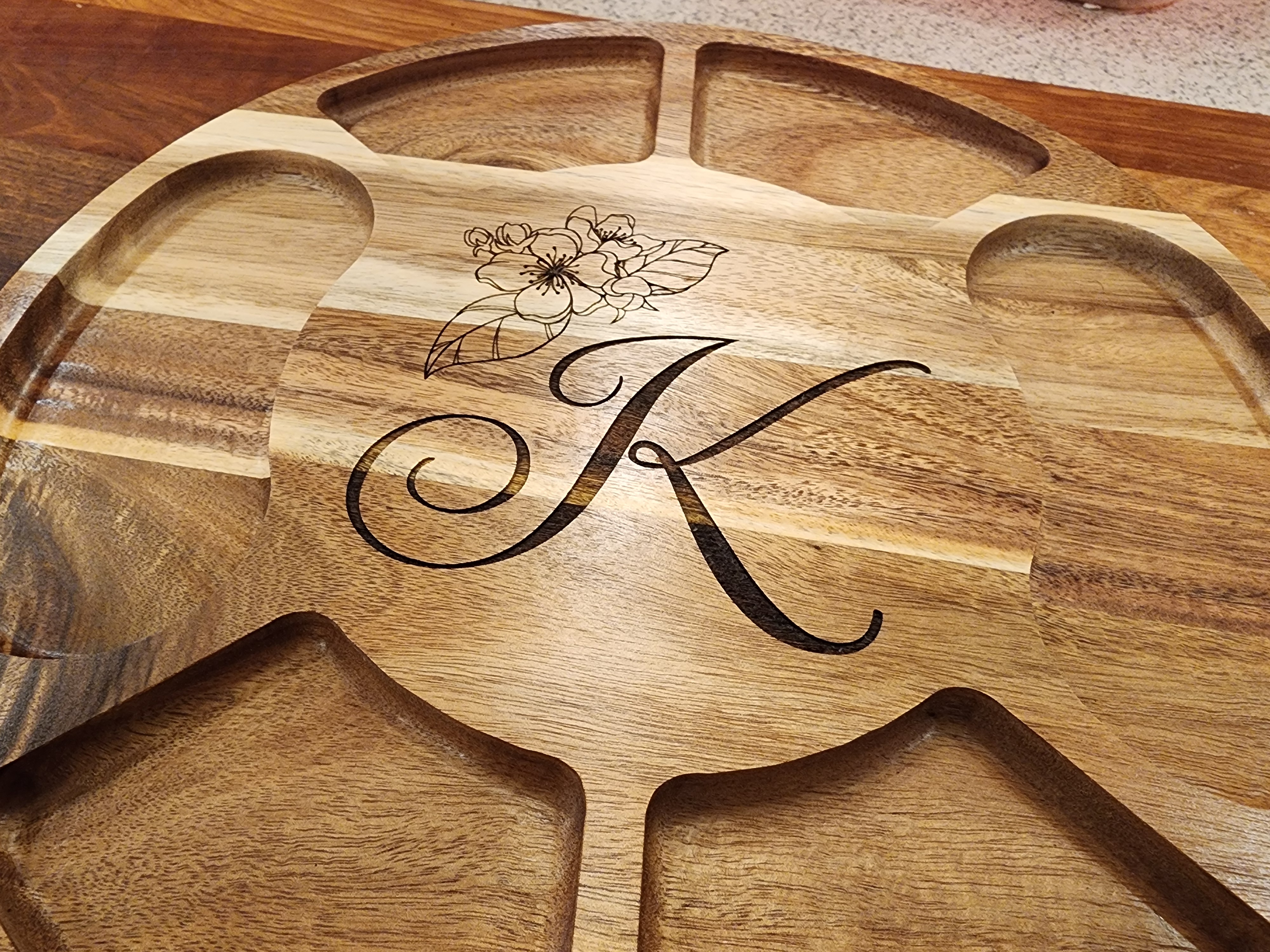 Laser Engraved Wooden Serving Tray with Floral Initial K Design