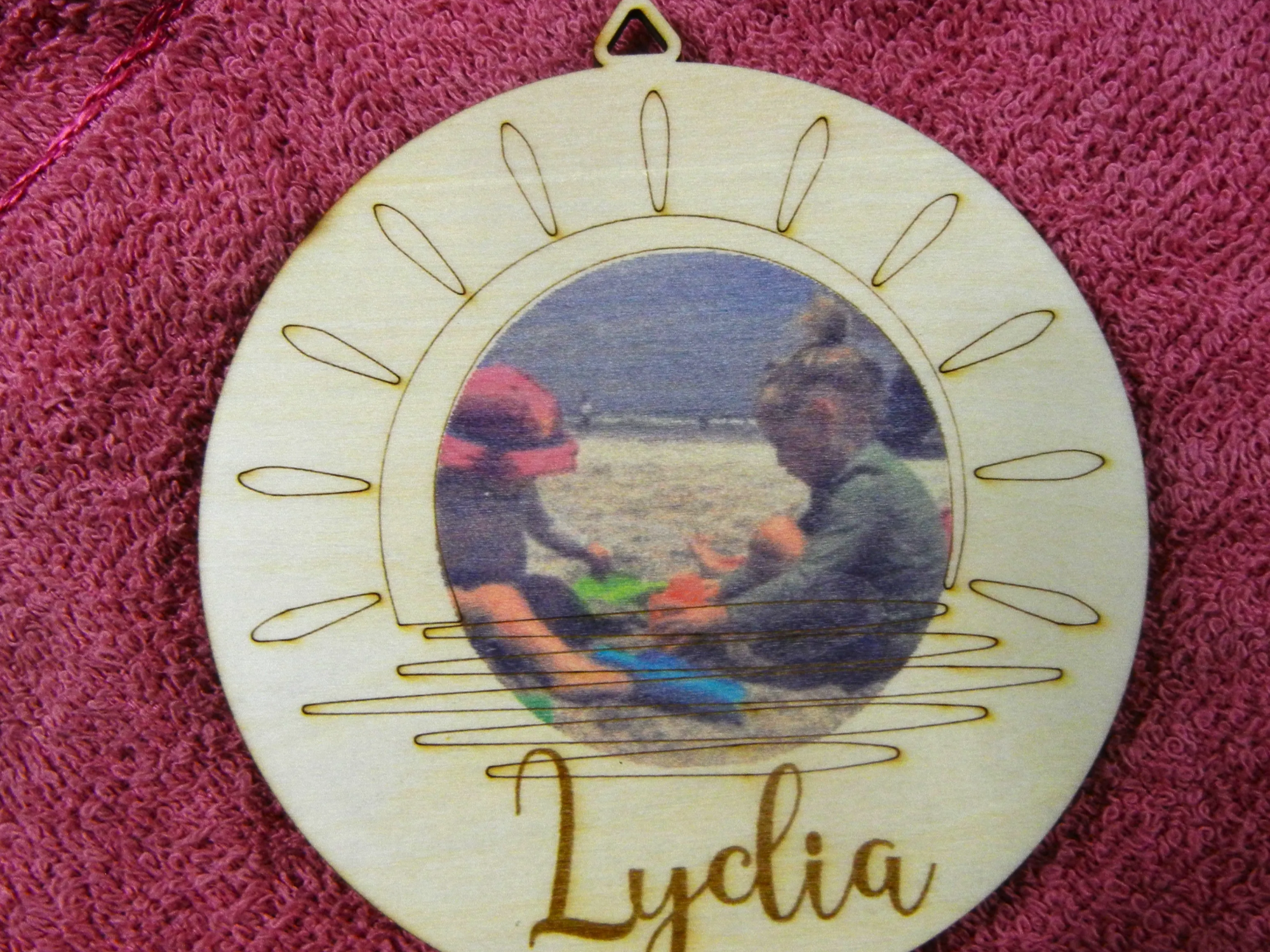 Personalized Laser Cut Wooden Photo Ornament with Sun/Beach Design personalized ornament design on Atomm