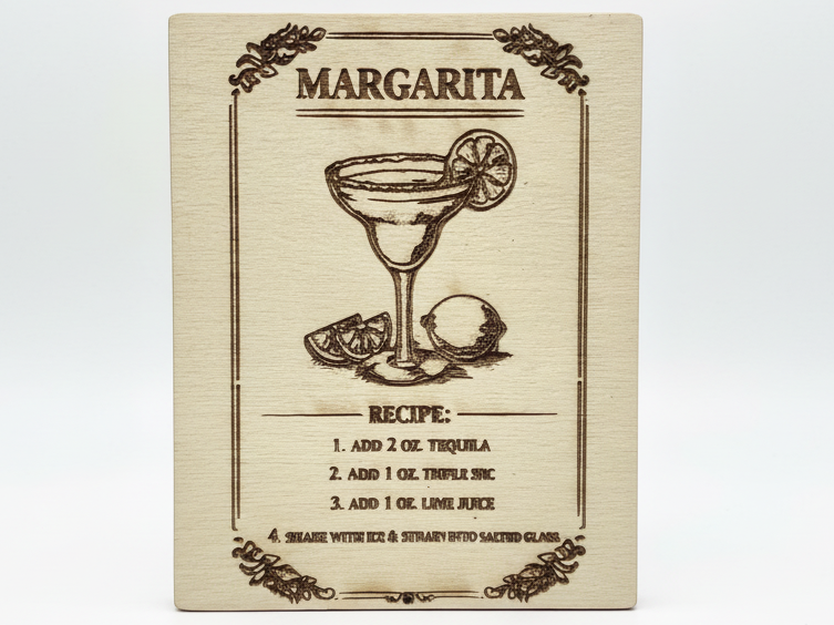 Sottobicchiere in legno tagliato al laser con ricetta del margarita e incisione decorativa - sottobicchiere tagliato e inciso al laser