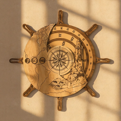 [Laser cut and engrave] Perpetual Calendar – Ship Wheel and Lighthouse Design ⚓