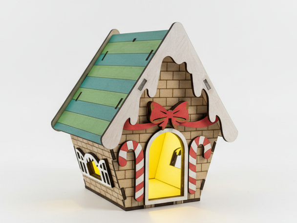 Lasergeschnittener Lebkuchenhaus-Kerzenhalter aus Holz Weihnachts-Geschenkkorb-Idee
