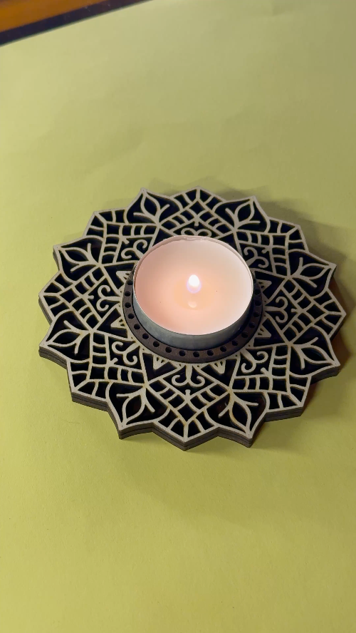 [Laser cut and engrave] Laser Cut Wooden Candle Holder with Floral Pattern