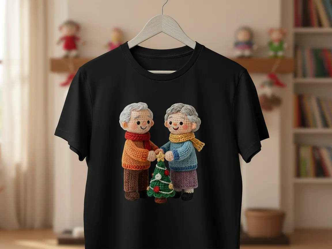 Black T-Shirt with Knitted Elderly Couple Design crochet pattern idea