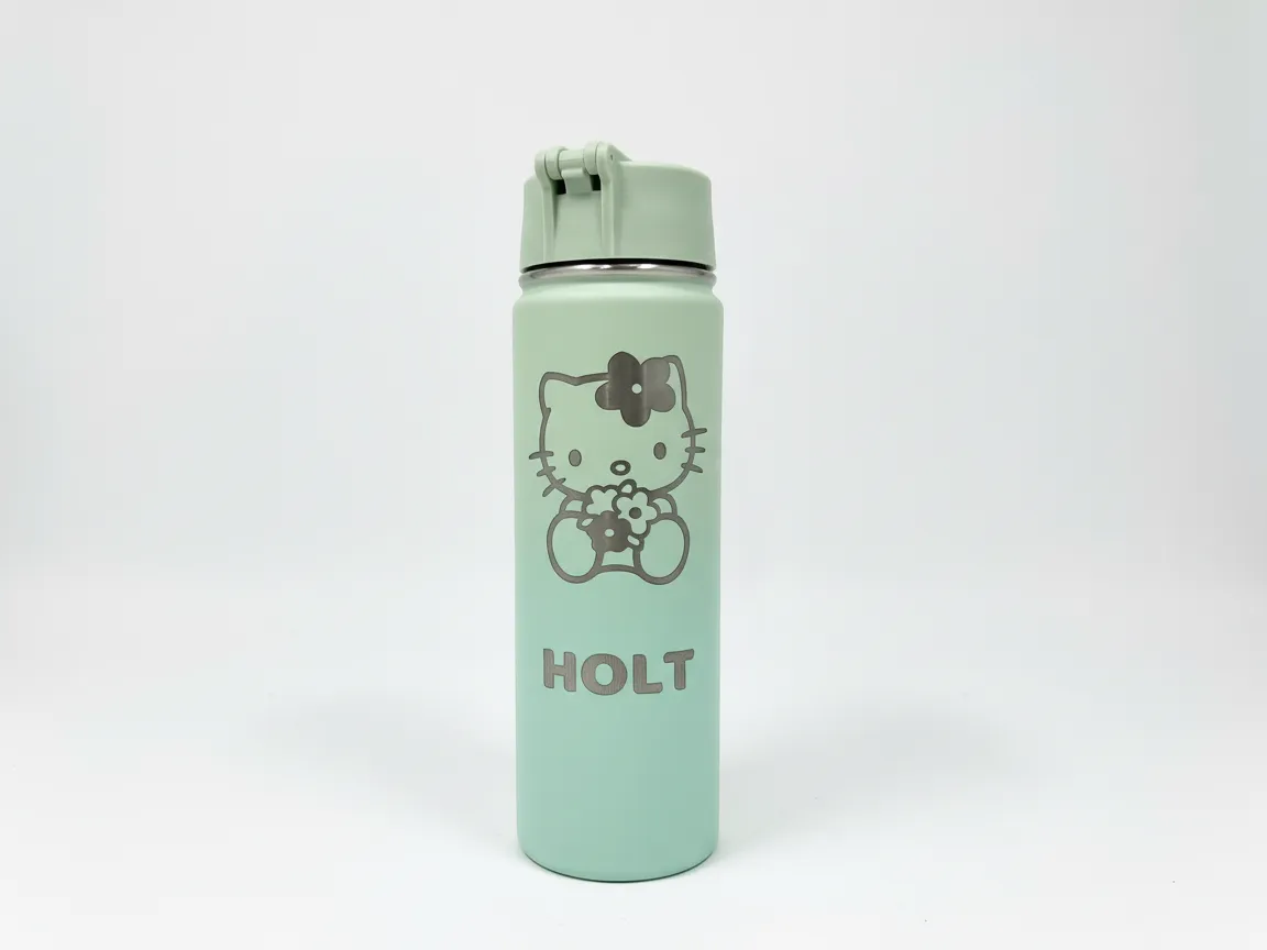 Mint green stainless steel water bottle engraved with Hello Kitty and name gift idea