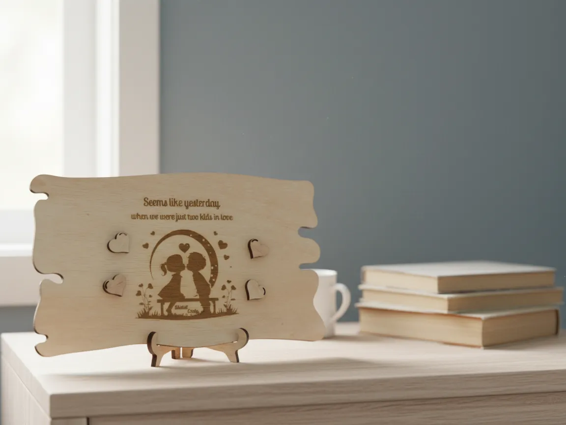 Laser-cut wooden plaque with a love quote and heart accents