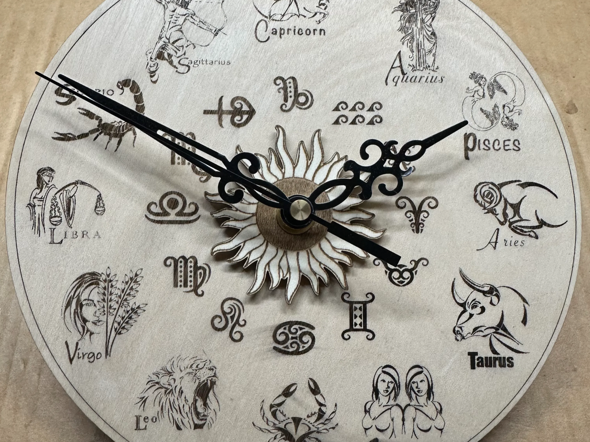 Handmade zodiac sign wooden wall clock with black hands | Free Files ...