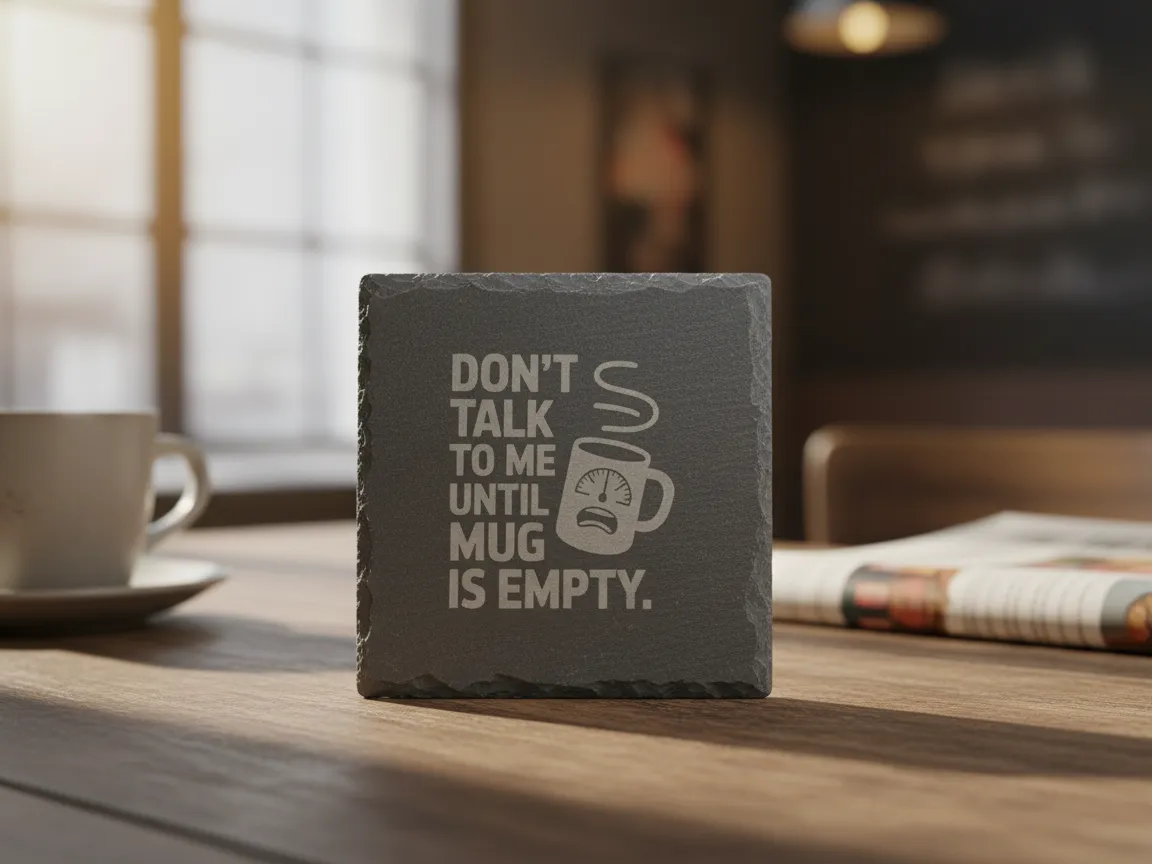 Slate coaster engraved with a coffee mug themed quote