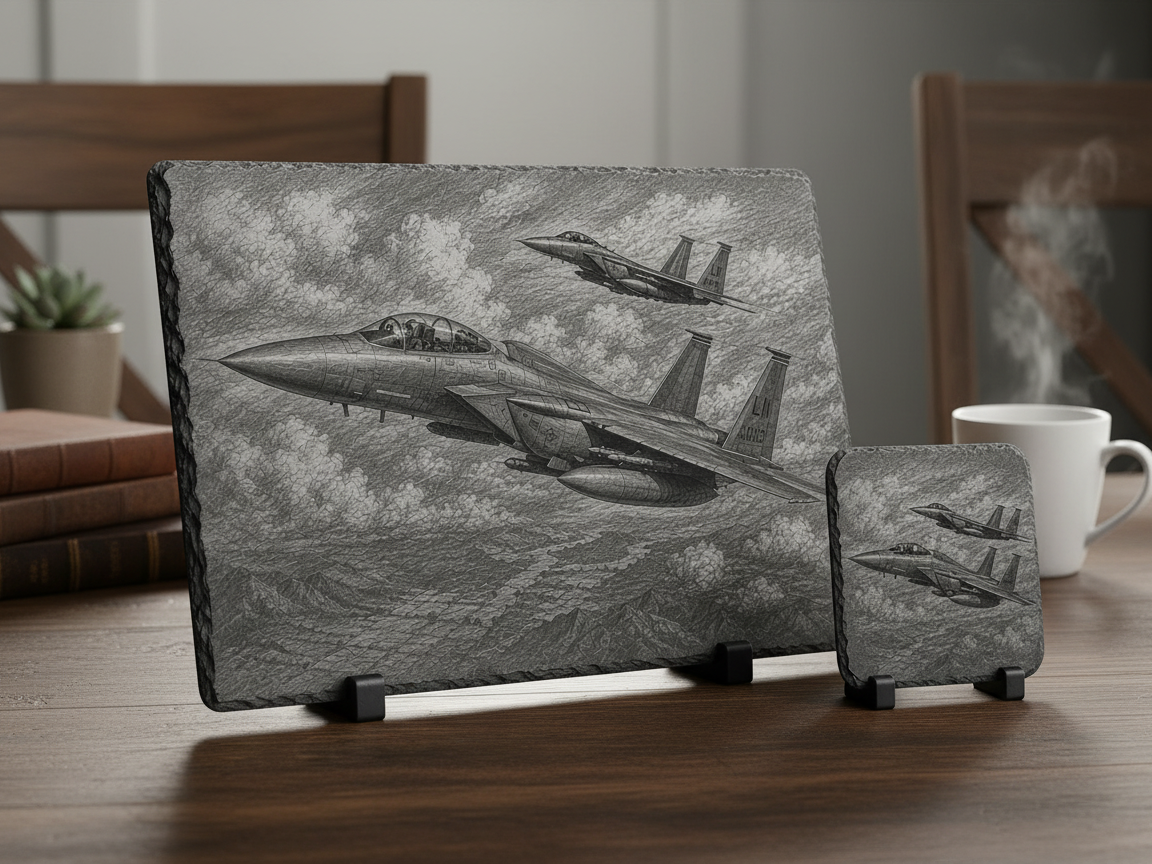 Set targa e sottobicchiere in ardesia con caccia F-15 Eagle - sottobicchiere tagliato e inciso al laser