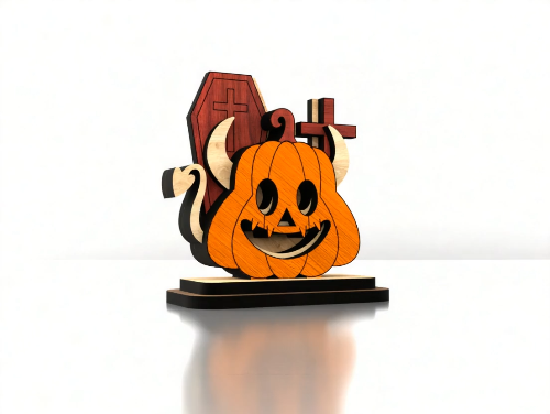 [Laser cut and engrave] Wooden Jack-o’-Lantern with Coffin and Crosses - Halloween Pumpkin Figurine