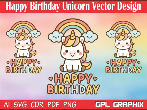 [Laser cut and engrave] Happy Birthday Unicorn Vector Design - AI, SVG, CDR, PDF & PNG - Digital Download