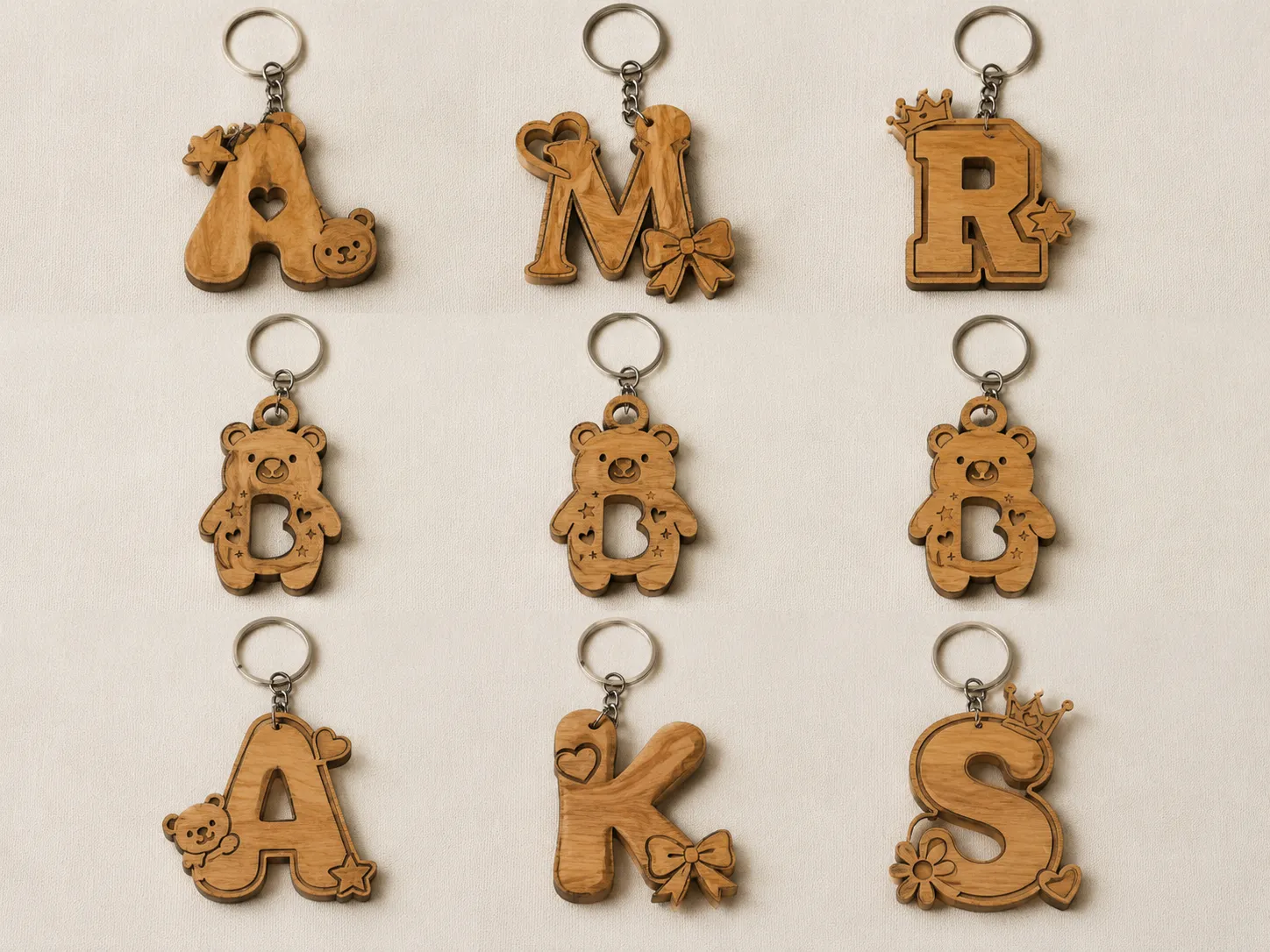 Kawaii teddy bear and cute alphabet acrylic keychain designs