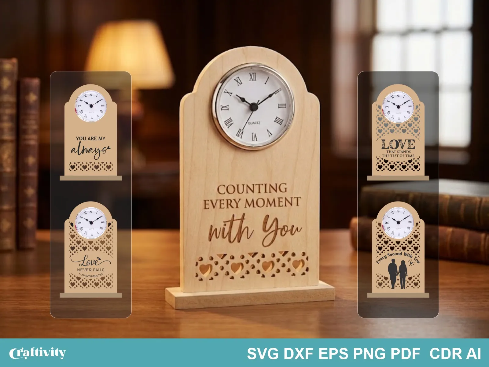 Laser Engraved Wooden Desk Clock with Romantic Quotes and Heart Design wood clock idea
