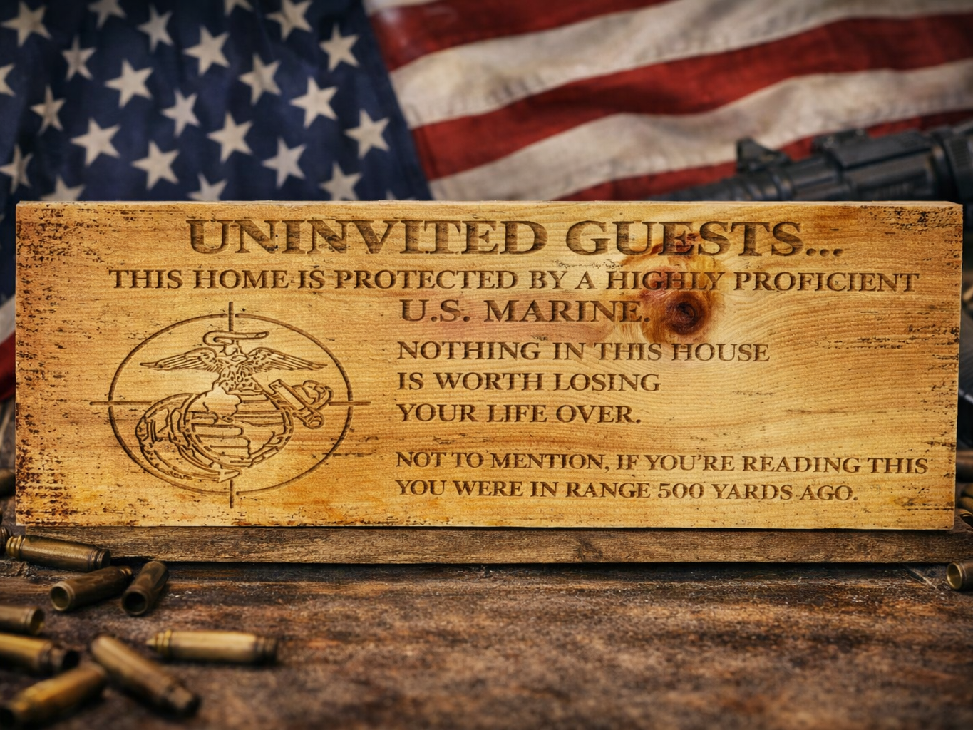 Cedar Board - USMC Marines “ U.S. Marine Home Defense Sign” — free American flag wall art project file on Atomm