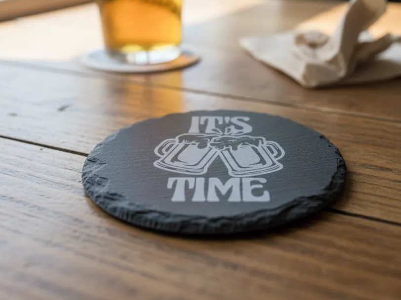 Slate drink coaster with an It's Time beer mug design