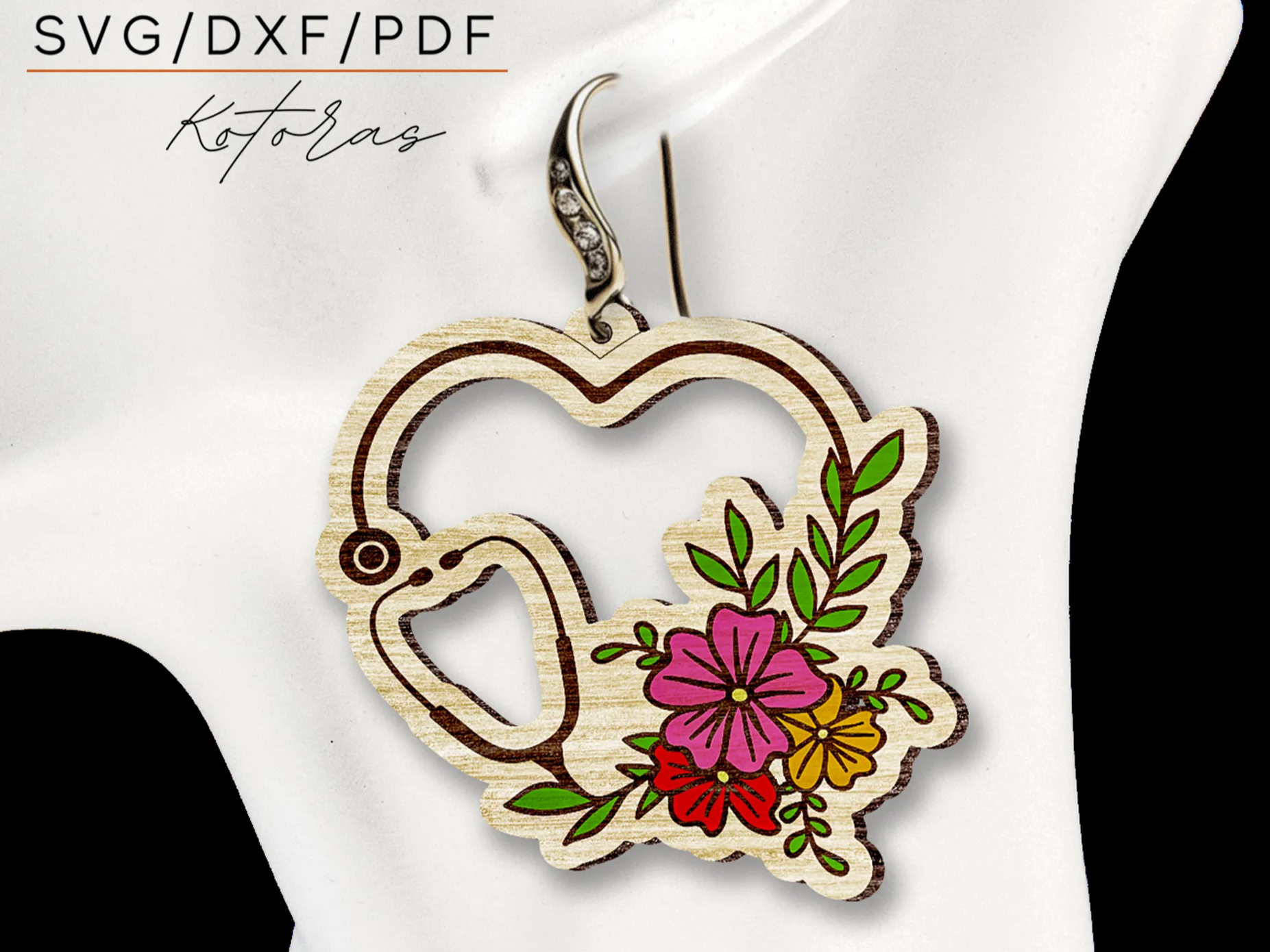 Stethoscope heart shaped floral earrings laser cut nurse jewelry