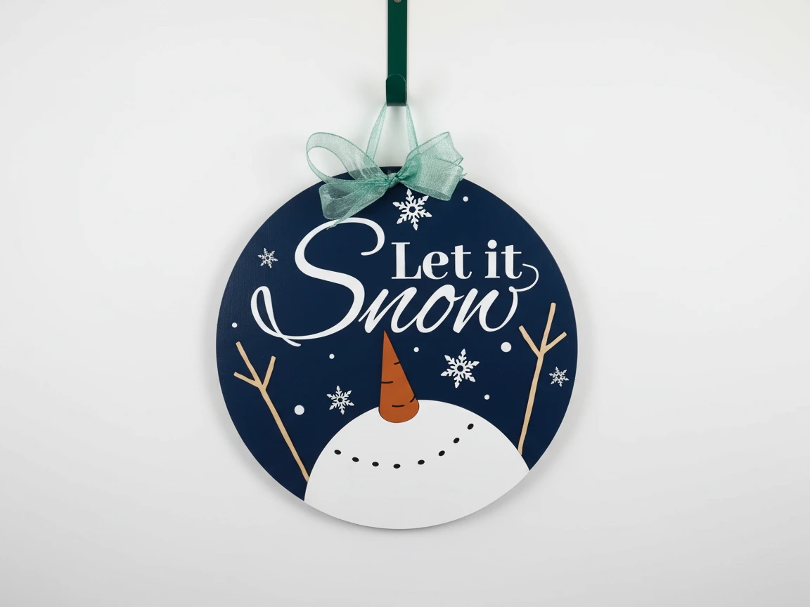 Okrągła drewniana tabliczka na drzwi z napisem „Let It Snow”
