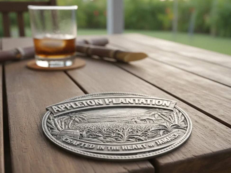 Oval metal bar coaster design featuring Appleton Plantation Jamaica rum branding