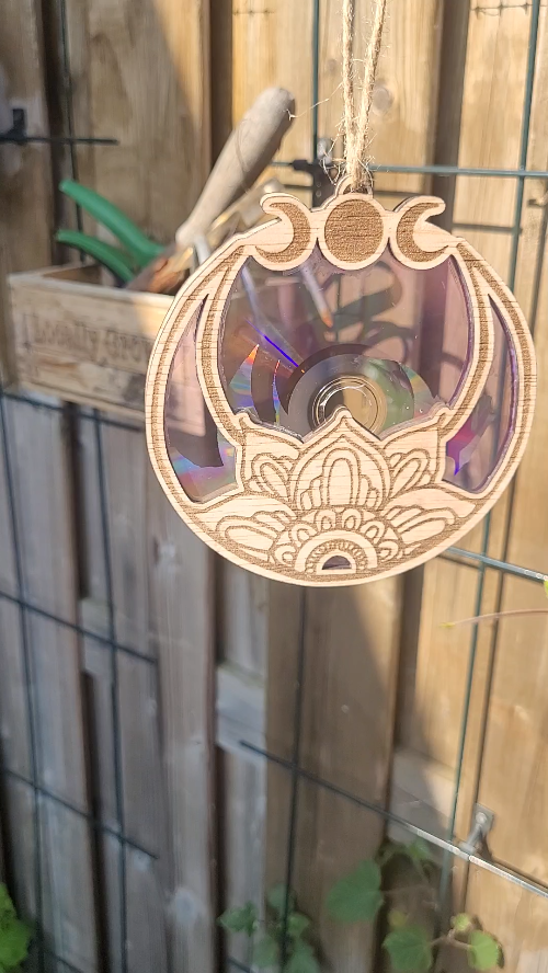 [Laser cut and engrave] Laser Cut Wooden Hanging Ornament with Moon Phases and Floral Design