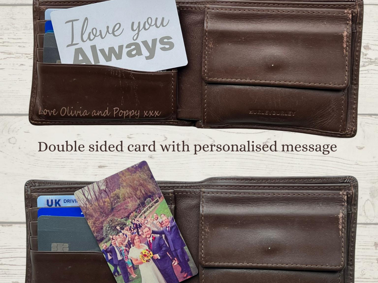 Brown Leather Wallet with Double-Sided Personalized Card Message personalized gift for him idea