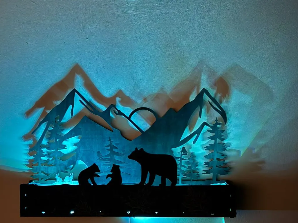 Laser cut mountain forest bear rabbit and owl scene LED wall light glowing