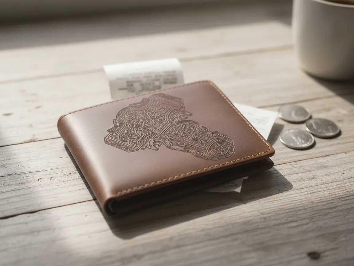 Brown Leather Bifold Wallet Featuring Norse Mjolnir Hammer Motif dad birthday gift idea