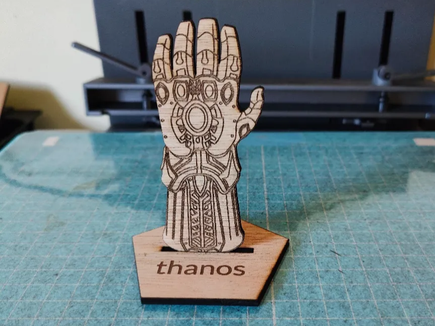 Thanos Infinity Gauntlet wood display piece on stand