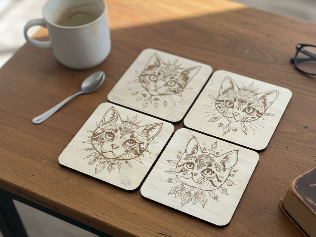 Dessous de verre carrés en bois avec portraits de chats en mandala