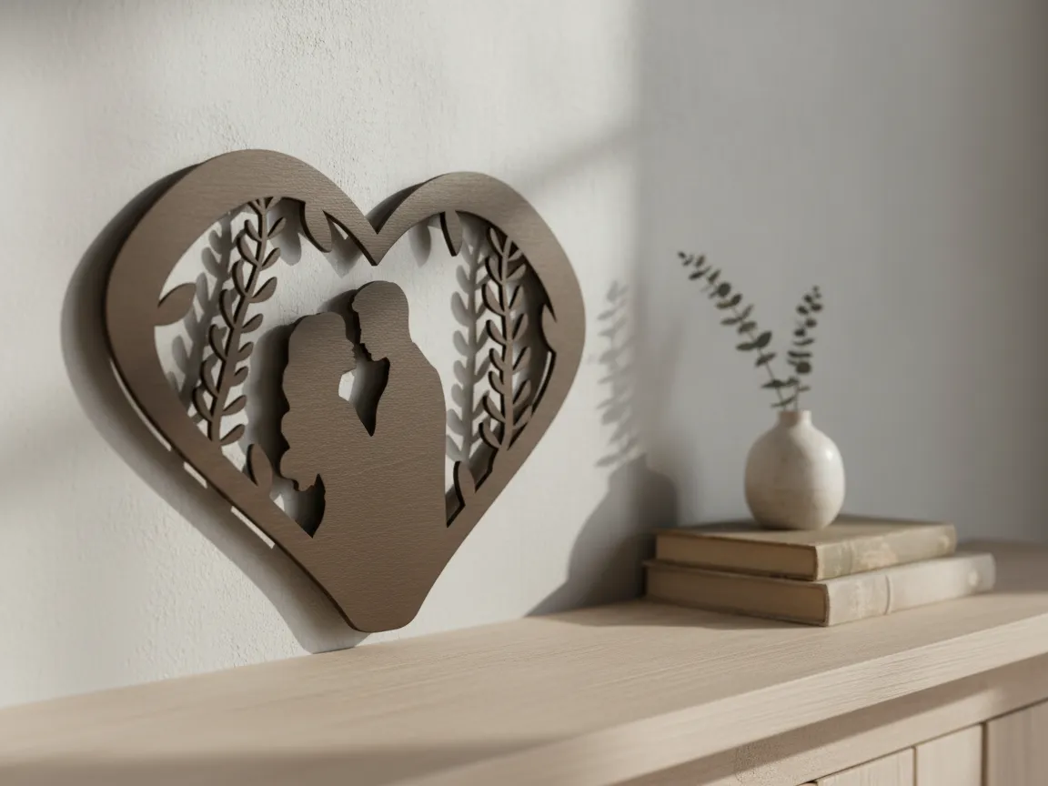 Decorazione da parete a forma di cuore con coppia, idea di silhouette tagliata al laser