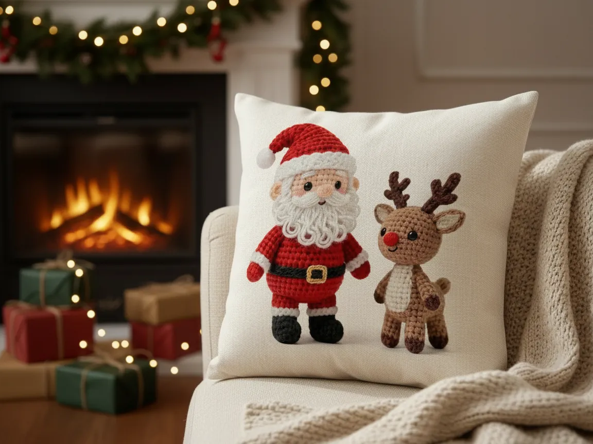 Christmas Pillow with Crochet Santa and Reindeer Design crochet-style design