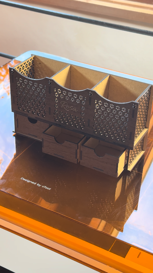 [Laser cut and engrave] Laser Cut Wooden Desk Organizer with Drawers and Decorative Pattern