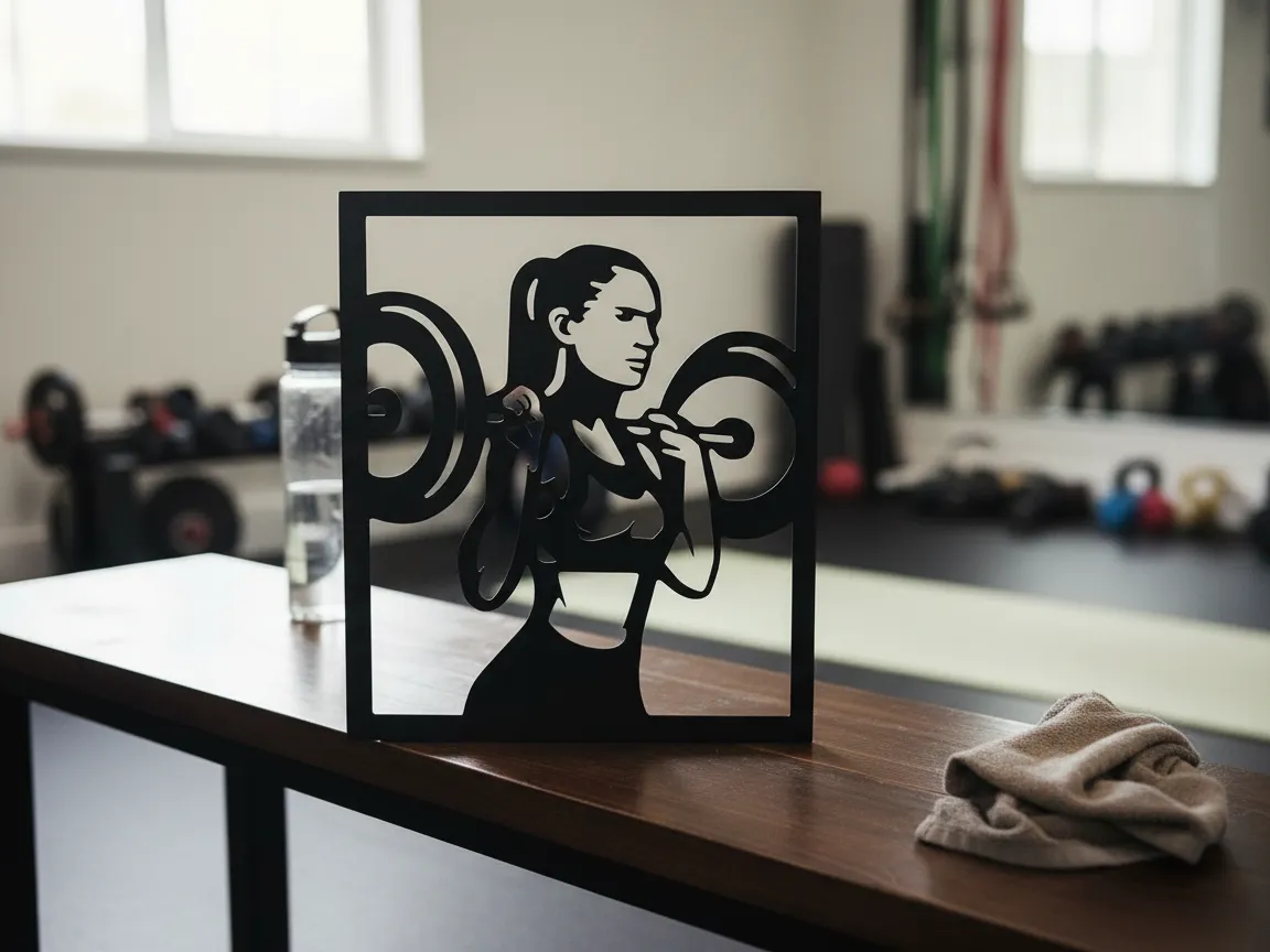 Lasersko rezana kovinska stenska umetnost, fitnes ženska dviguje utež