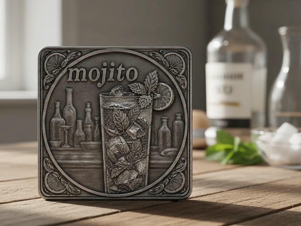 Mojito-Cocktail eckige Schiefer- und Korkuntersetzer mit geprägter Bar-Szene, quadratische und runde Version Laserdesign