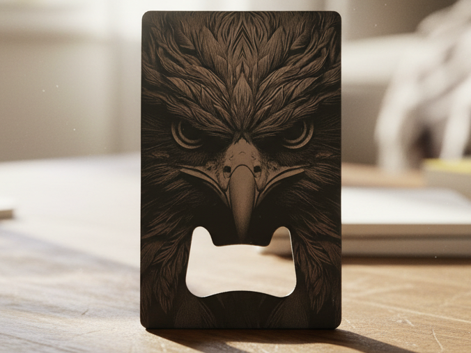 Majestic Eagle Laser-Engraved Bottle Opener Card — free patriotic laser/print project file on Atomm