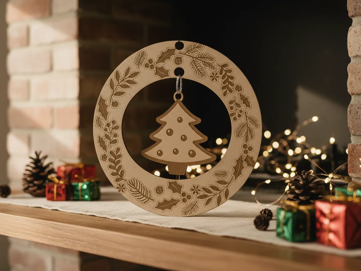 Lasergeschnittenes Holz Weihnachtskranz Ornament mit Baumdesign Weihnachts Türdekoration Idee