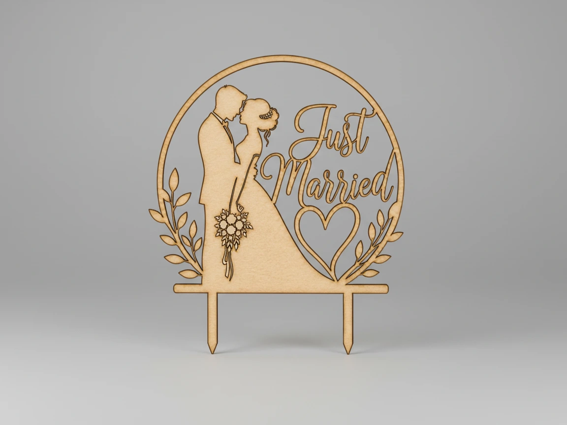 Topper na svatební dort „Just Married“, dřevěný design pro řezání laserem, silueta ženicha a nevěsty, soubory SVG a XCS, elegantní romantická výzdoba dortu, svatební design pro řezání laserem