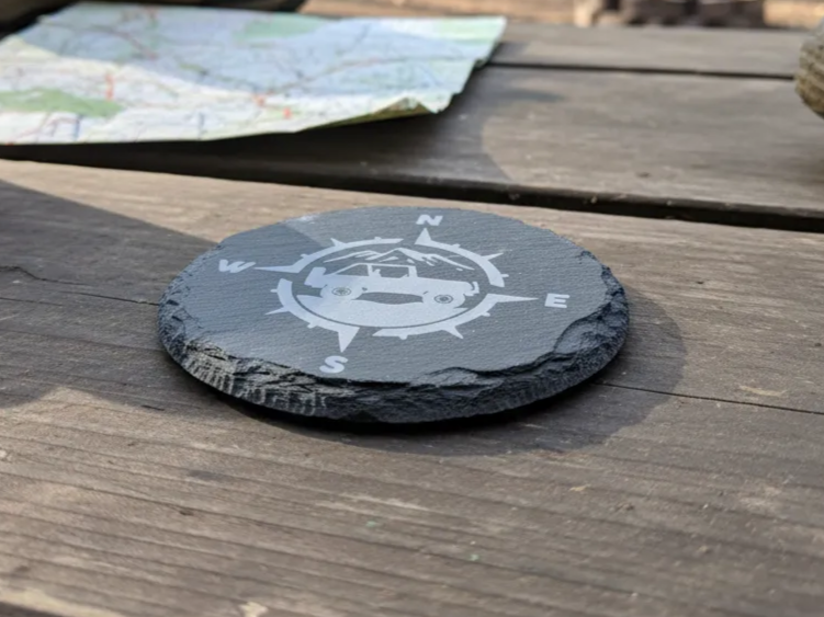 Laser Engraved Slate Compass Coaster with Off-Road Vehicle Design