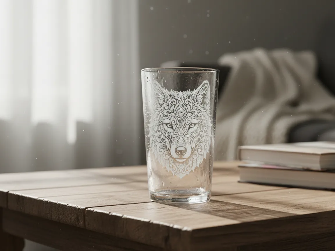 Gelas tumbler bening dengan grafir kepala serigala ornamental