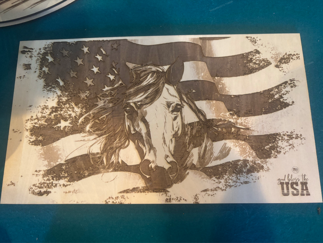 Laser Engraved Horse and American Flag Wood Wall Art God Bless USA — free American flag wall art project file on Atomm