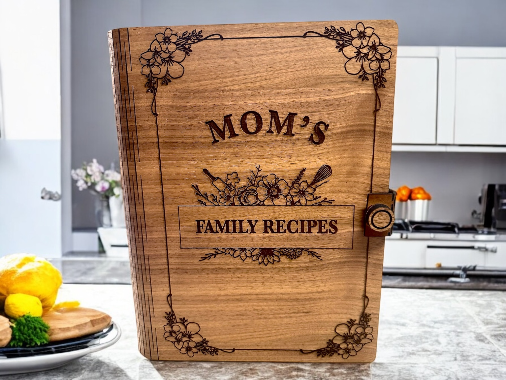Engraved Wooden Family Recipe Book with Floral Design gift for mom idea