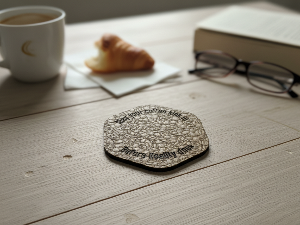 Laser Engraved Wooden Coffee Bean Hexagon Coaster with Quote