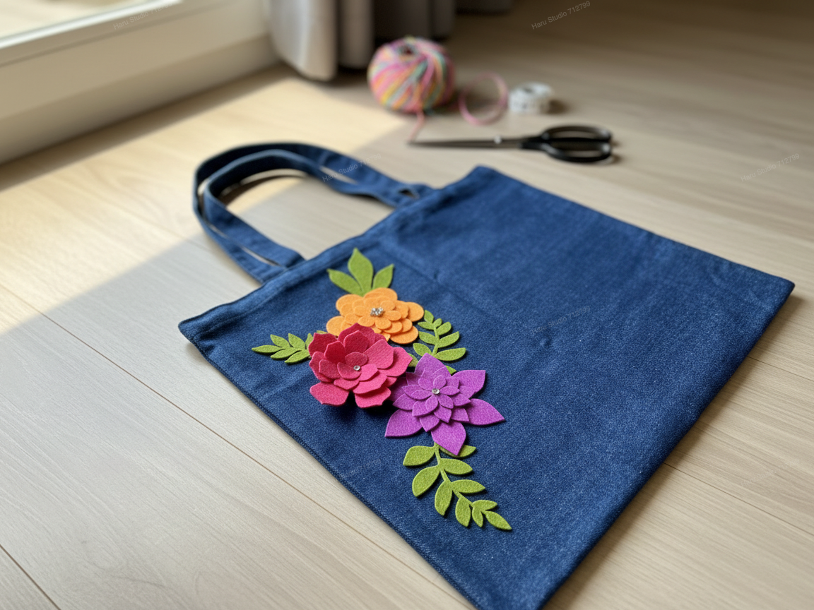 Jeans torba tote s pisano aplikacijo filca v obliki rož - brezplačna zasnova torbe tote po meri na Atommu